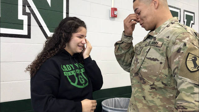 Soldier returns home to surprise his sister at Greenville High School